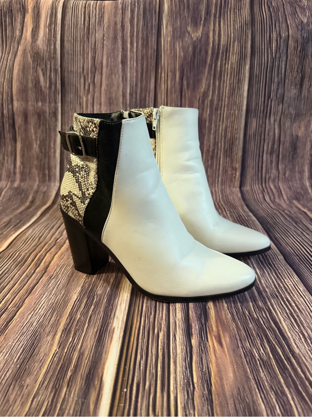 JustFab White Ankle Boots with Snake-Print and Black Trim